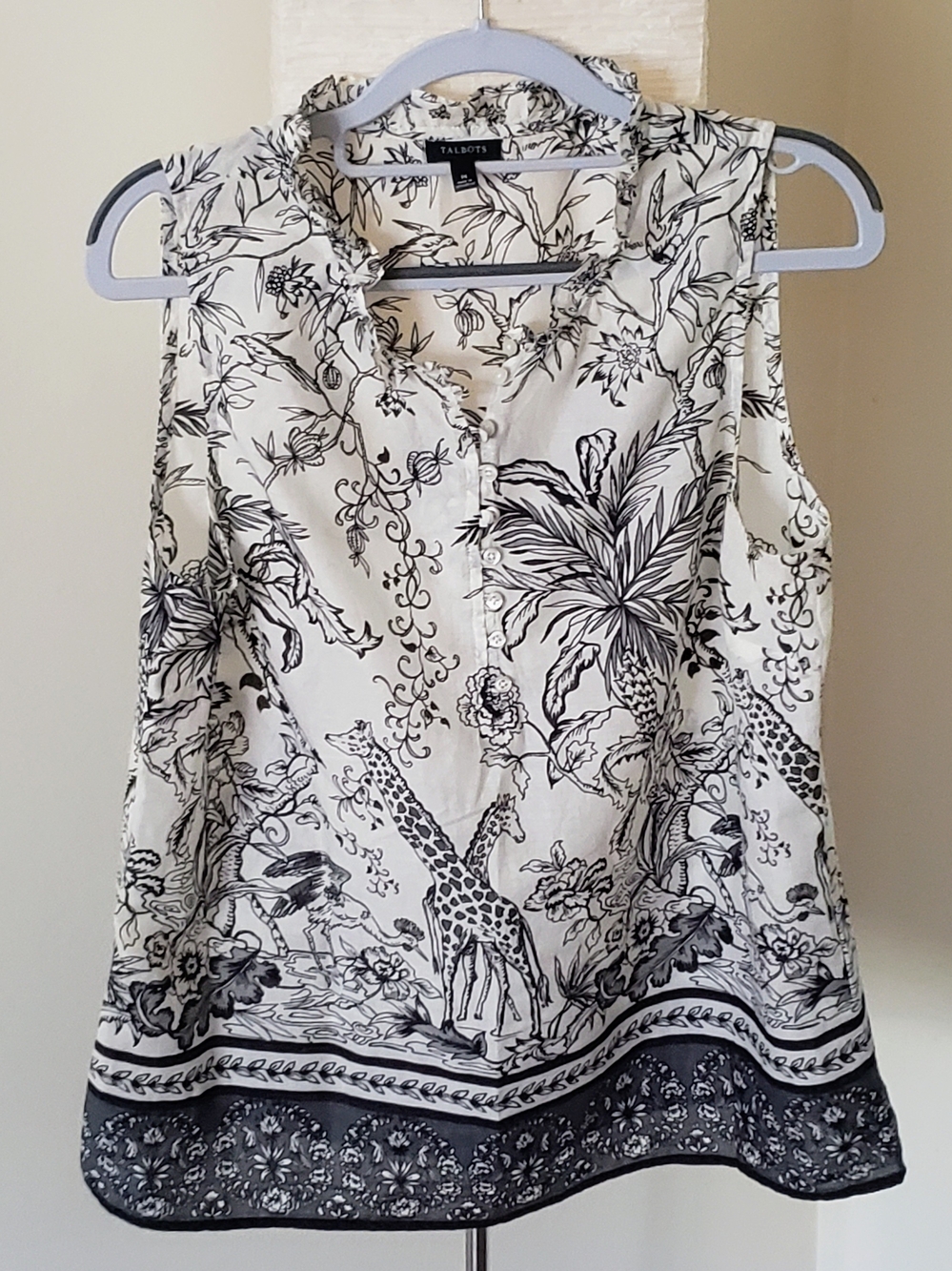 Talbots Black White Giraffe Print Sleeveless Shell Top Blouse Size M